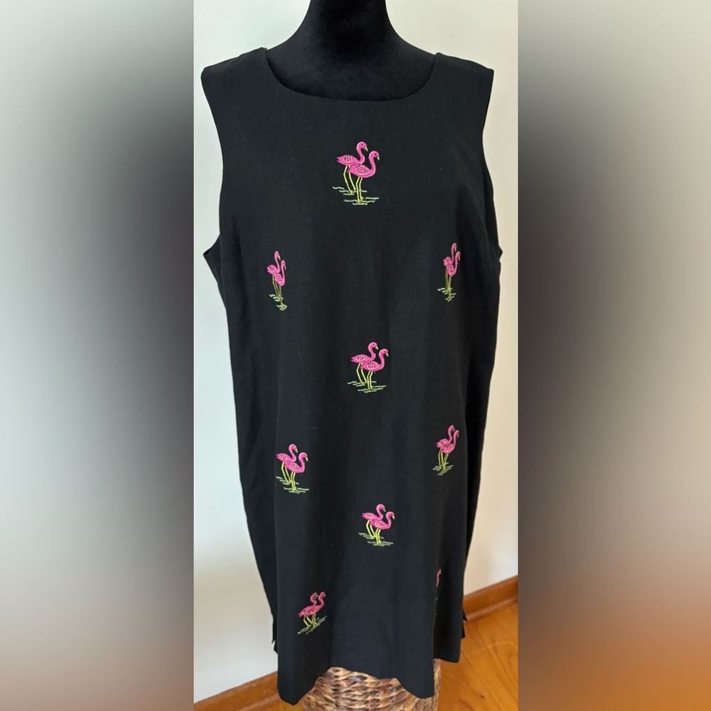 Black linen flamingo 🦩 dress L VINTAGE